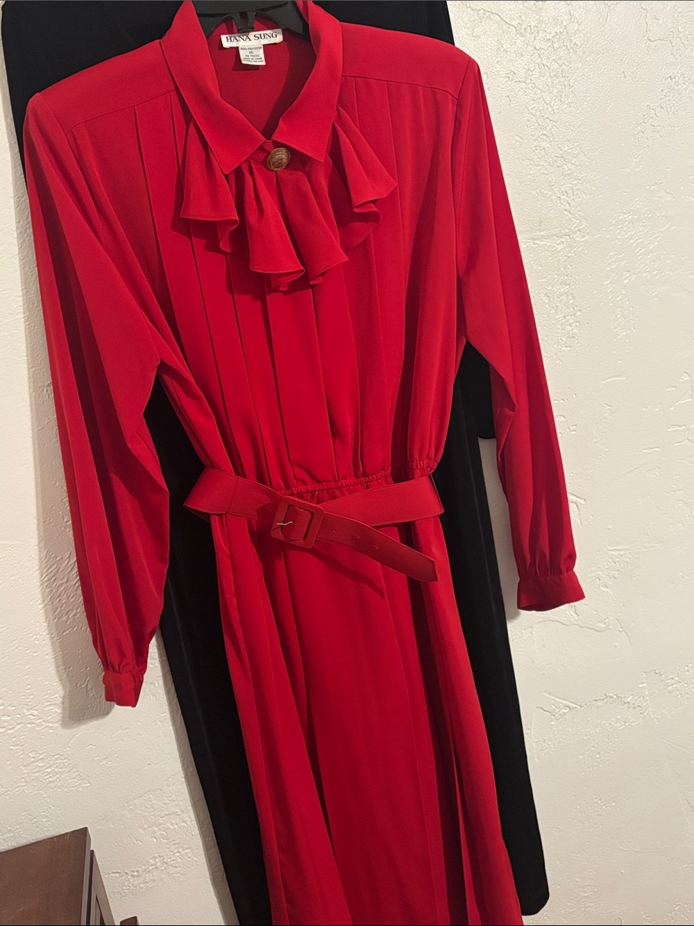 Vintage Hana Sung Red Midi Shirt Dress w/ removable cascading ruffled neckline